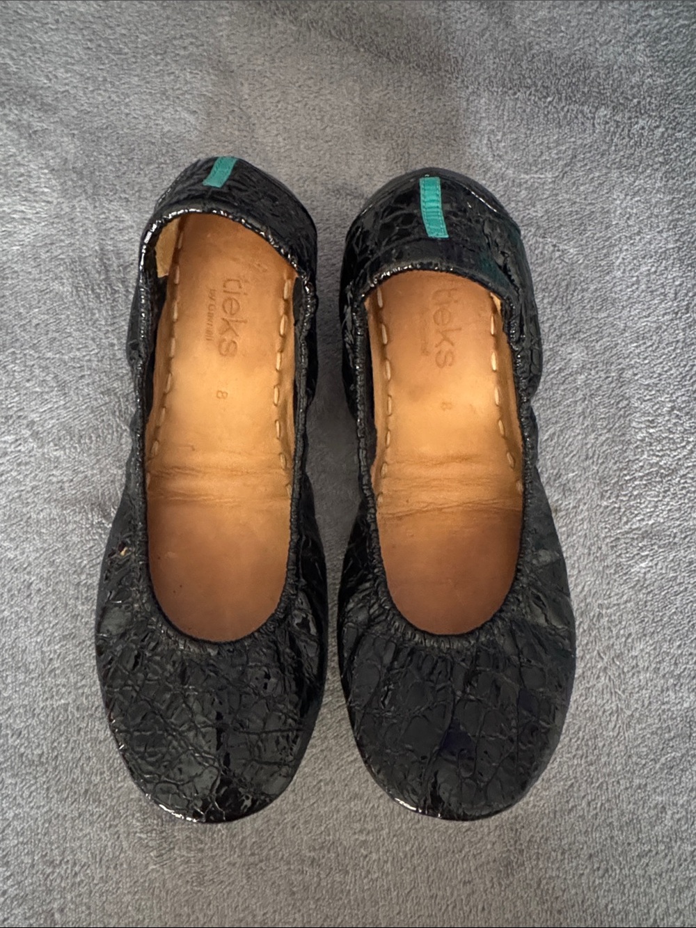 Tieks Black Patent Croc Ballet Flats with Teal Tab